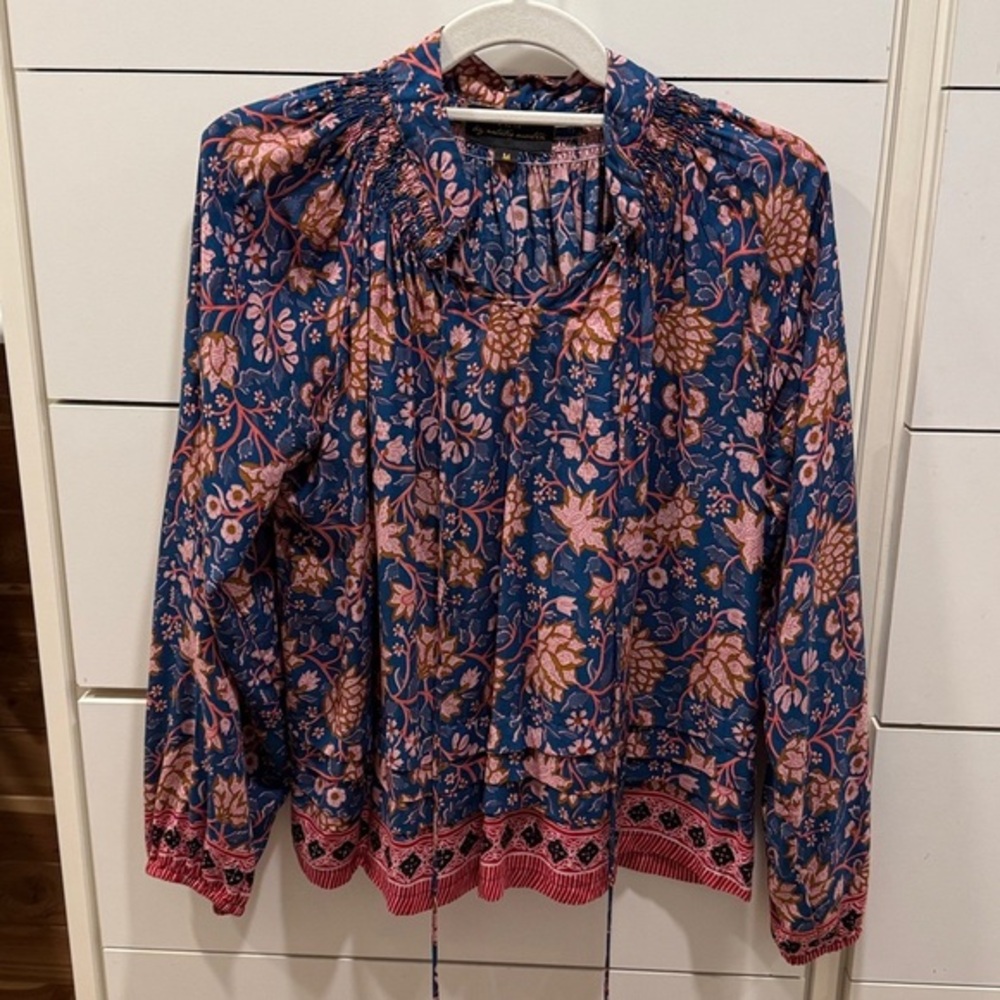 Natalie Martin Tassel Peasant Blouse Medium Blue Floral Boho Rayon Top Nat